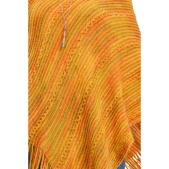 Stripe Knit Poncho with Fringe - Mustard - Picture 5 of 5